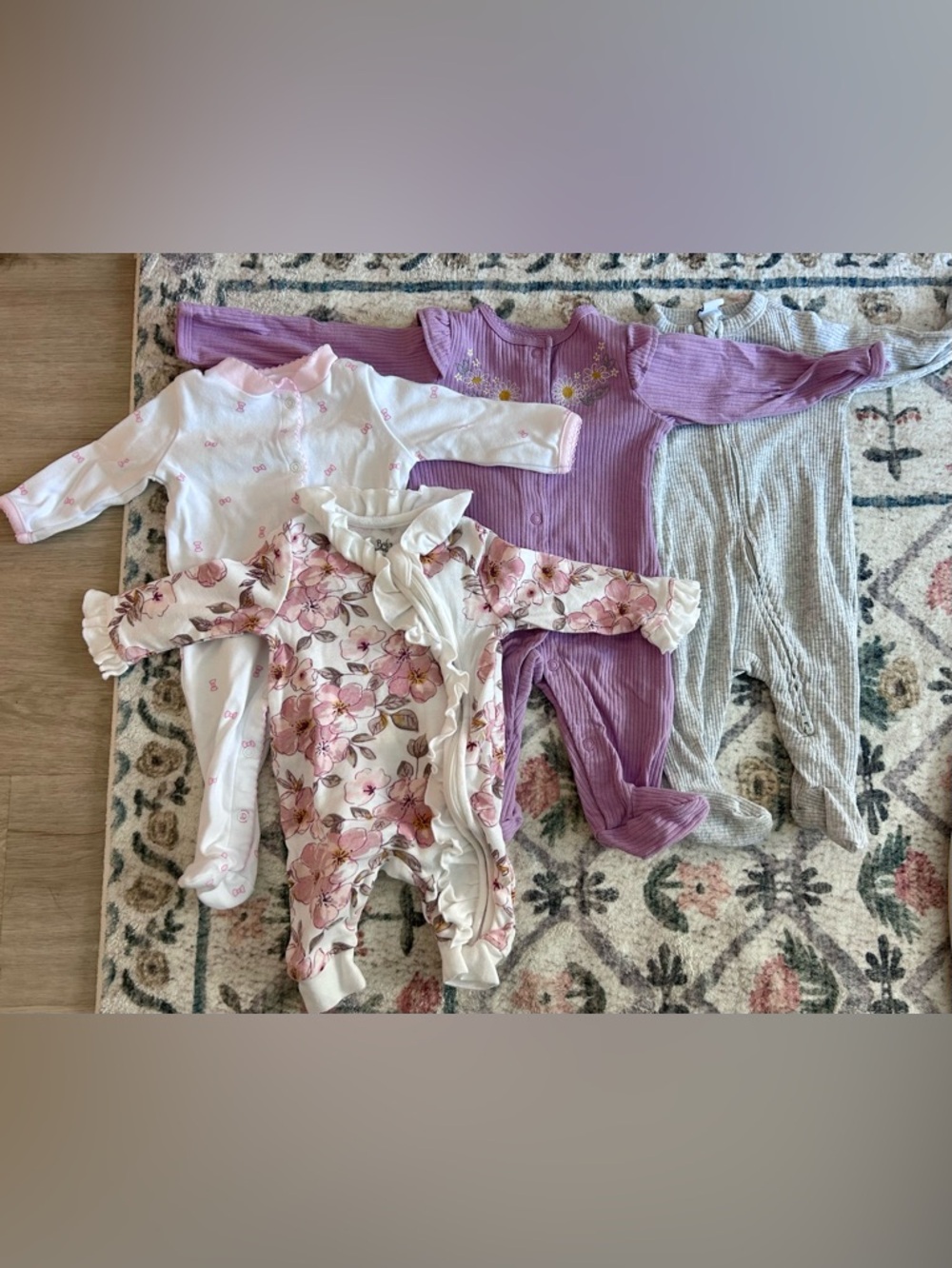 Baby Floral & Purple Footed Pajama Bundle - Pink, White, Lavender